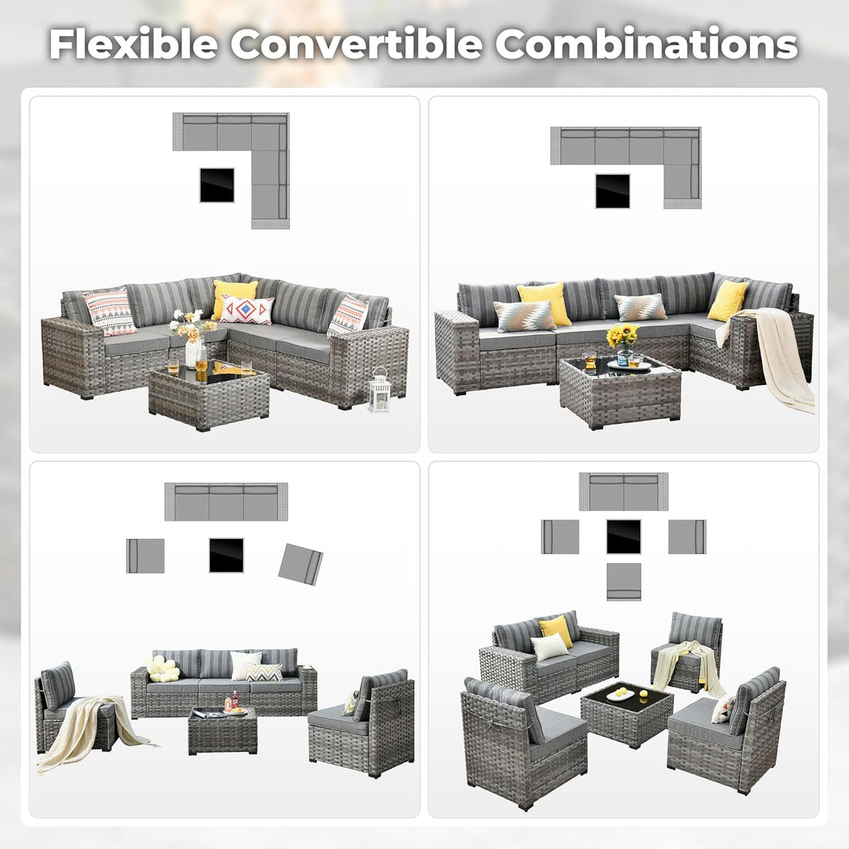ovios 6 Pieces Patio Furniture Set, Outdoor Wicker Sectional Sofa with Glass Table Comfy Cushions, Modern Modular Deep Seat Couch Rattan Conversation Set, Dark Gray Stripe