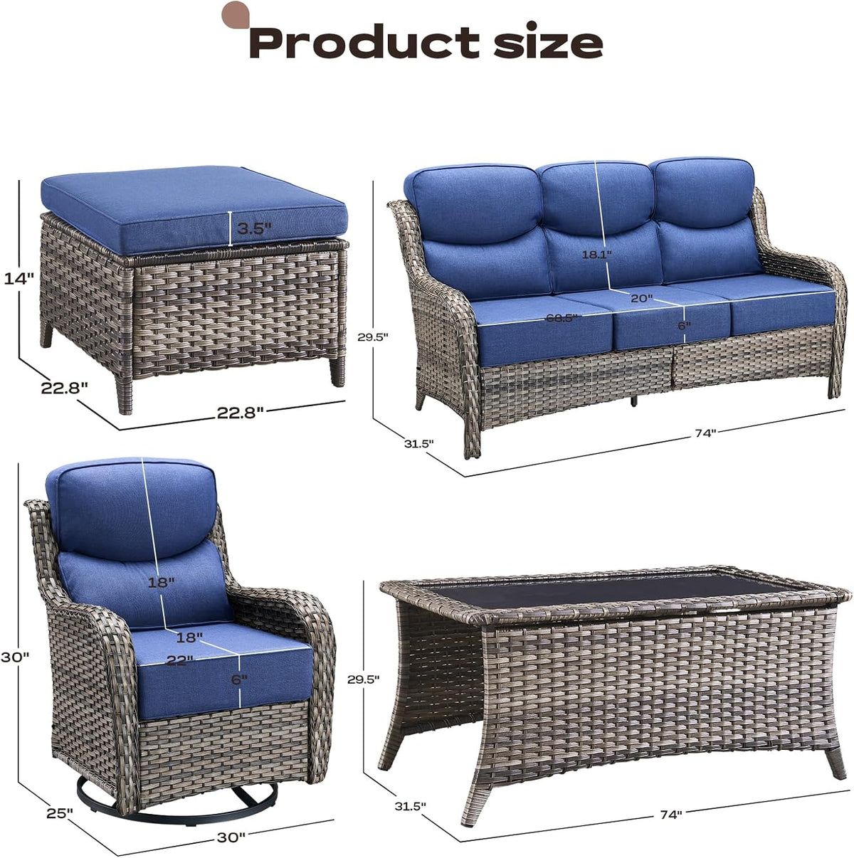 Wicker Outdoor Patio Furniture Set - 8 Piece Patio Conversation Sets with Swivel Rocker Chairs, Ottomans, Sofa and Coffee Table, 6 inch Cushions, Deep Seating, for Porch Deck Mixed Grey/Blue