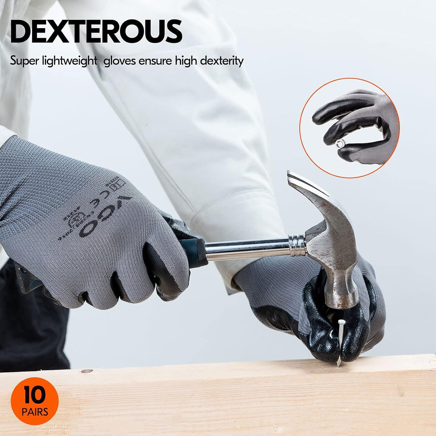 Vgo... 10-Pairs Safety Work Gloves, Gardening Gloves, Non-slip Nitrile coating, Dipping Gloves (Size L, Gray, NT2110)