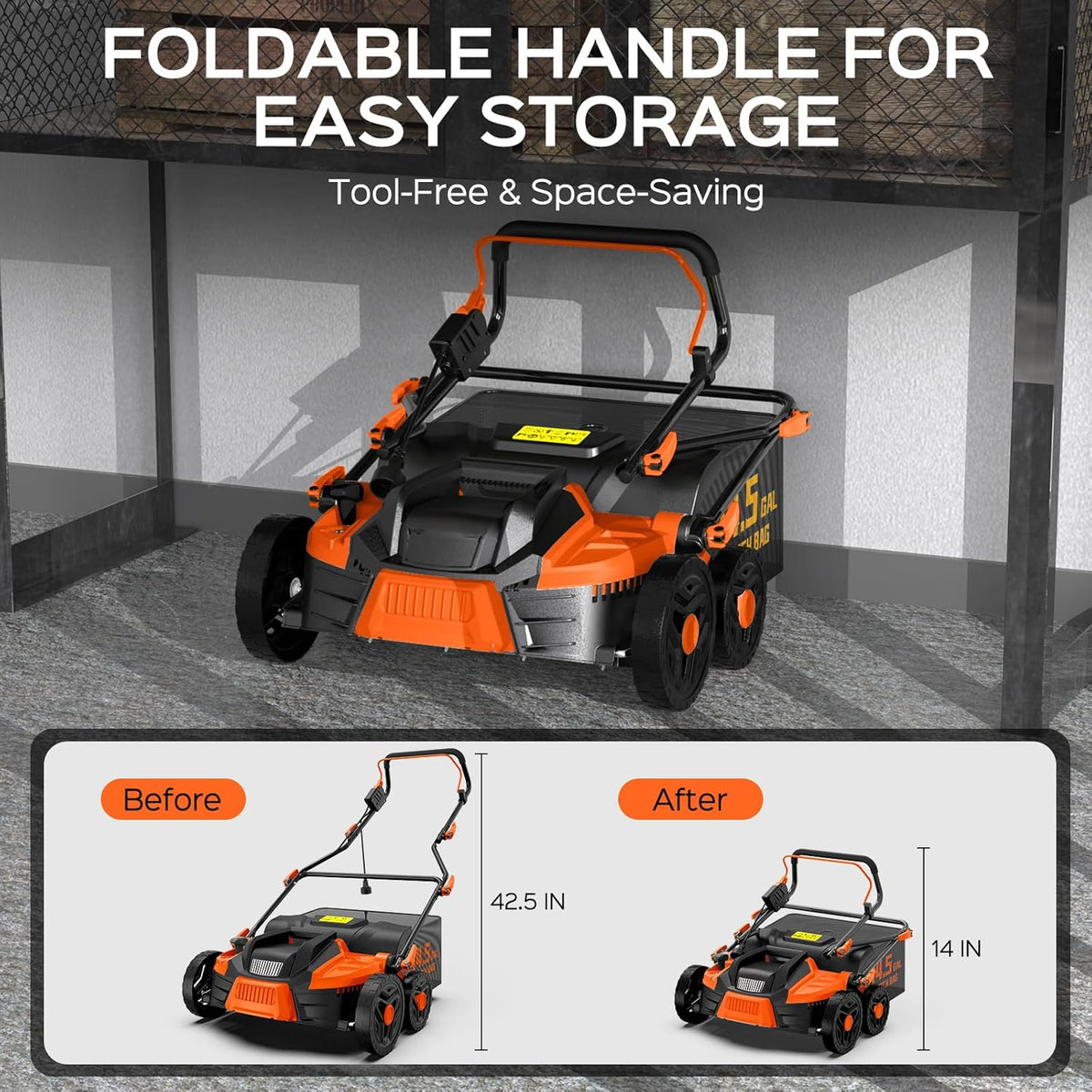 2025 Upgrade 16-Inch 15.5 Amp 2-in-1 Electric Dethatcher and Scarifier with 14.5-Gallon Collection Bag, Lawn Dethatcher with 5-Position Depth Adjustment, Keeps Lawn Healthy โ Bright Orange