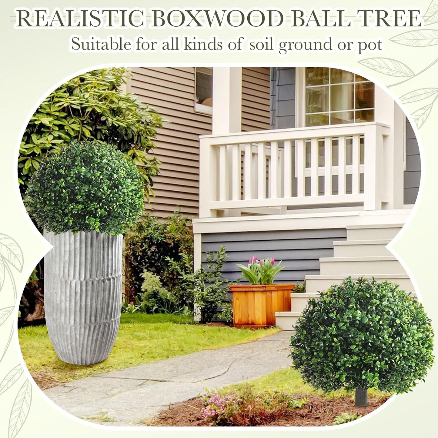 Yunlly 2 Pack 18" Artificial Boxwood Ball Bush Topiary Trees Fake Outdoor Plants, Realistic UV Resistance Faux Shrubs with Spike Greenery Topiary Potted for Front Porch Garden Yard Patio Indoor Decor