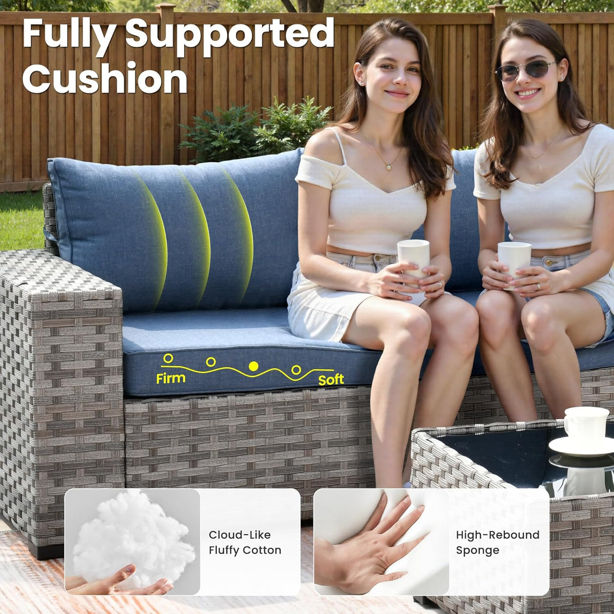 ovios 8 Pieces Patio Furniture Set, Outdoor Wicker Sectional Sofa with Swivel Chair Coffee Table, Modern Modular Deep Seat Rattan Couch Conversation Sets, Denim Blue