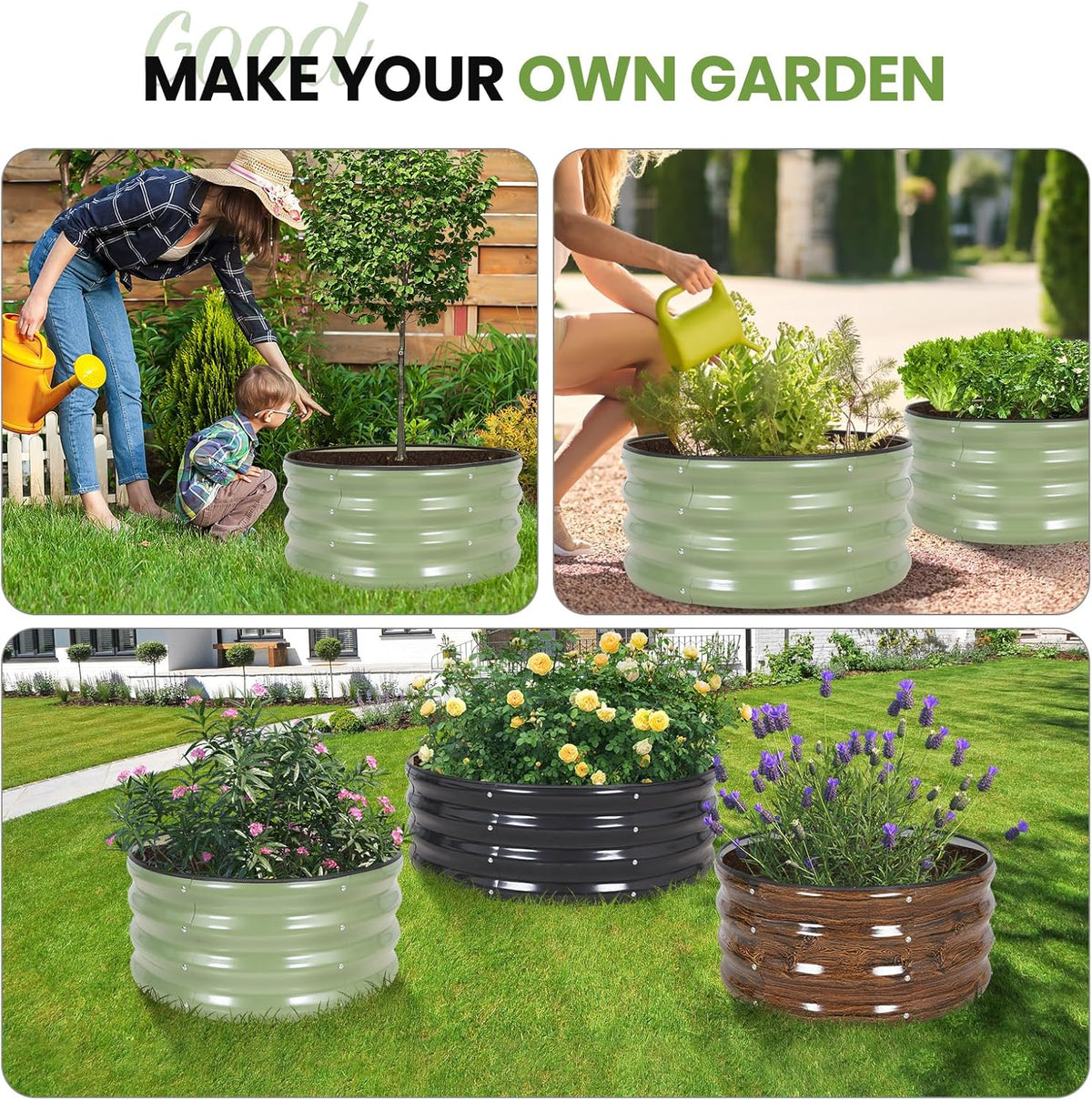 G GOOD GAIN Round Raised Garden Bed - 2Pcs 2x2x1ft Galvanized Steel Planter Boxes Outdoor with Rubber Edge Trim | Metal Raised Beds for Gardening Vegetables Flowers Fruits Herbs (Olive Green)