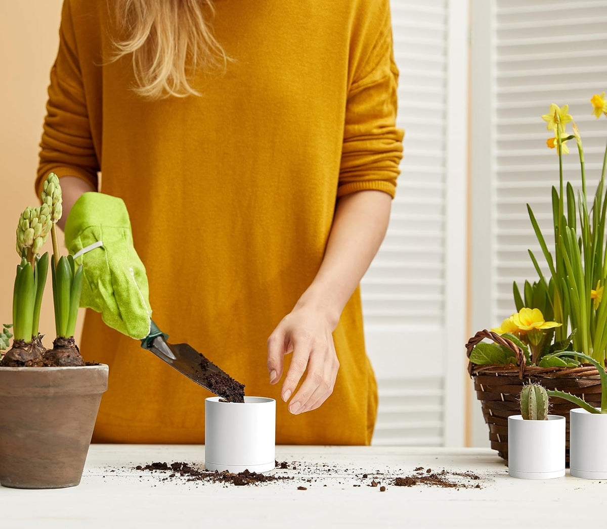 D'vine Dev 12 Pack 3 Inch Mini Plastic Plant Pots, Small Garden Planters for Plant with Drainage Holes and Saucers, White Color, 74-Z-C-4
