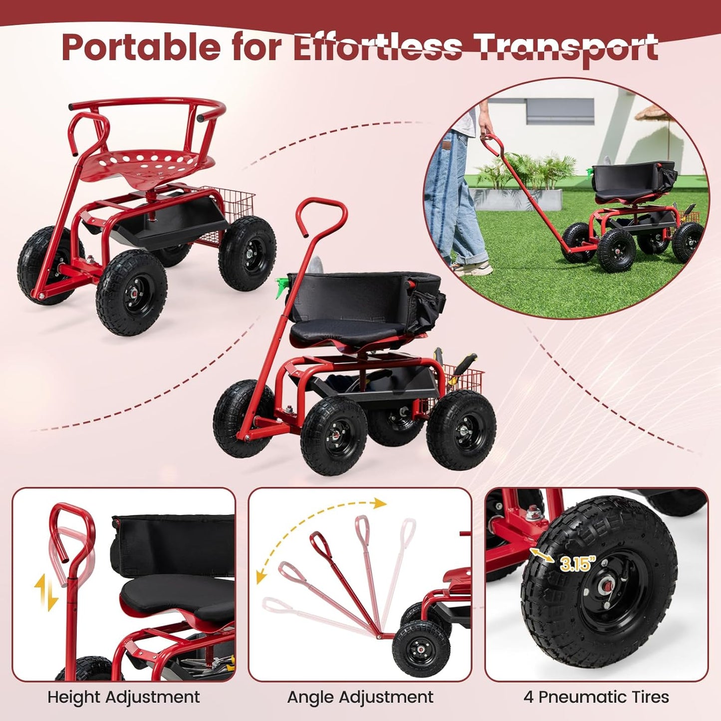 Goplus Garden Seat with Wheels, Rolling Gardening Stool with Adjustable 360° Swivel Seat, Tool Tray & Storage Basket, Extendable Handle, Outdoor Gardening Scooter, Garden Cart Workseat for Seniors