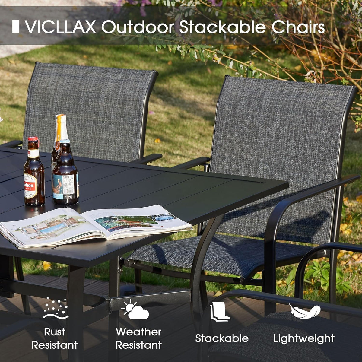 VICLLAX 5 Pieces Patio Dining Set, Outdoor Furniture Set Includes 37.8" Square Outdoor Table and 4 Stackable Patio Sling Chairs, Grey Tabletop and Grey Fabric