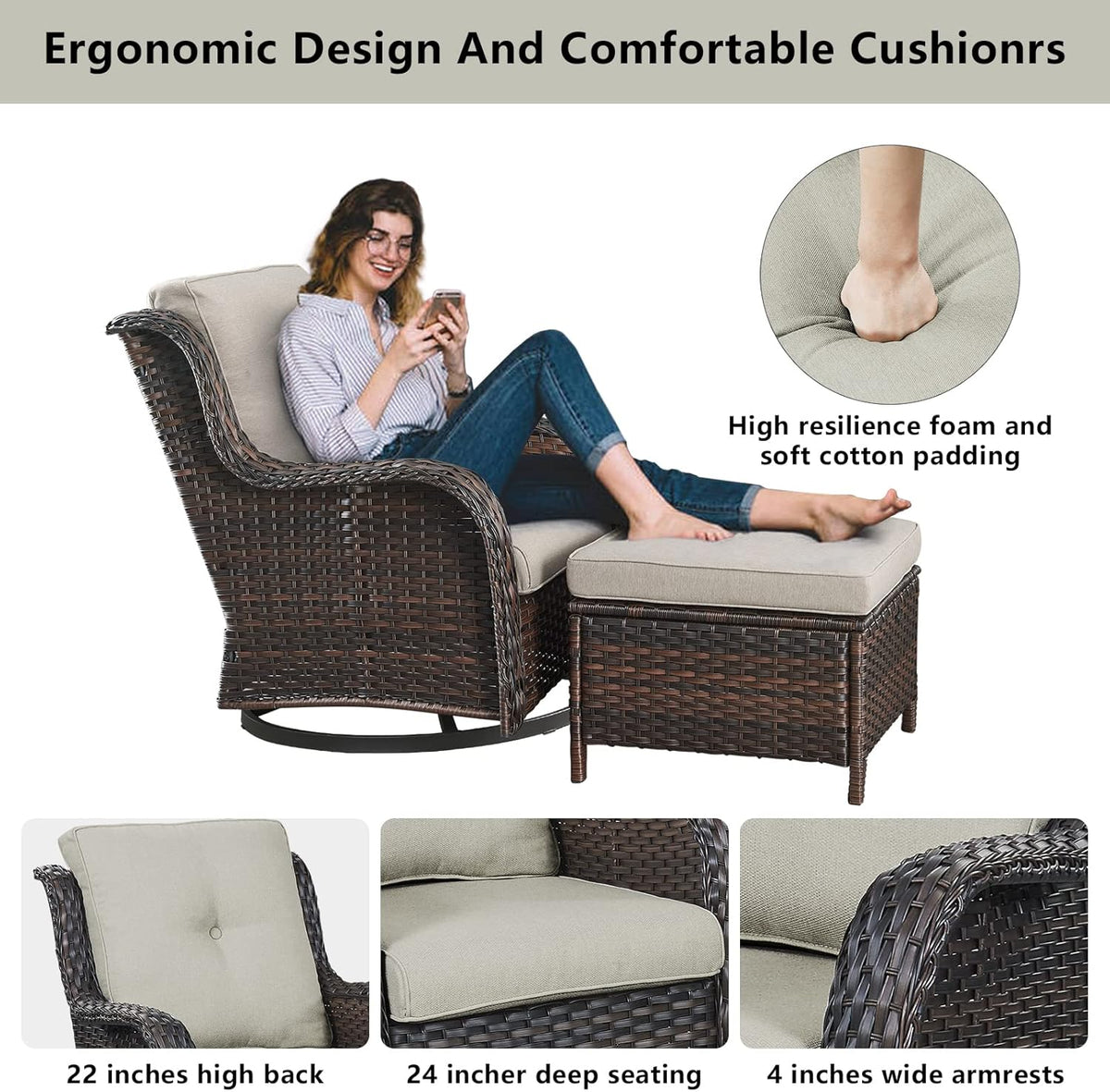 5 Pieces Patio Furniture Sets Wicker Outdoor Furniture, Rattan Patio Swivel Glider Chairs with 2 Ottoman and Glass Side Table
