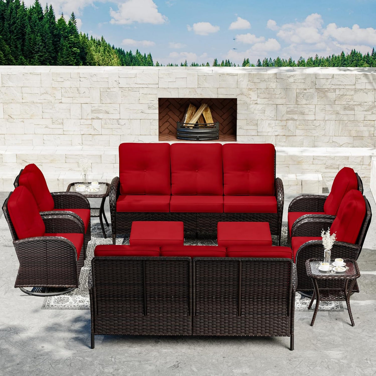Joyside 10 Piece Patio Furniture Set, Outdoor Wicker Conversation Sets with Swivel Rocker Chairs and Sofa, Thick Cushion, Rattan Patio Sectional for Porch, Deck Use (Brown/Red, 10 PCS)