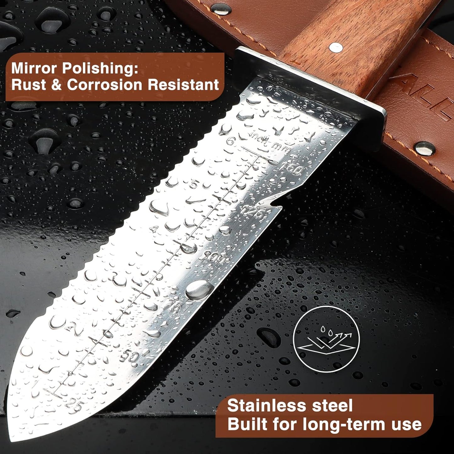 SHALL Hori Hori, Japanese Garden Knife, Soil Knife with Leather Sheath, Rosewood Handle & Hide Rope, 7” Stainless Steel Blade, Rope Cutting Edge, for Digging, Weeding, Planting, Full-Tang