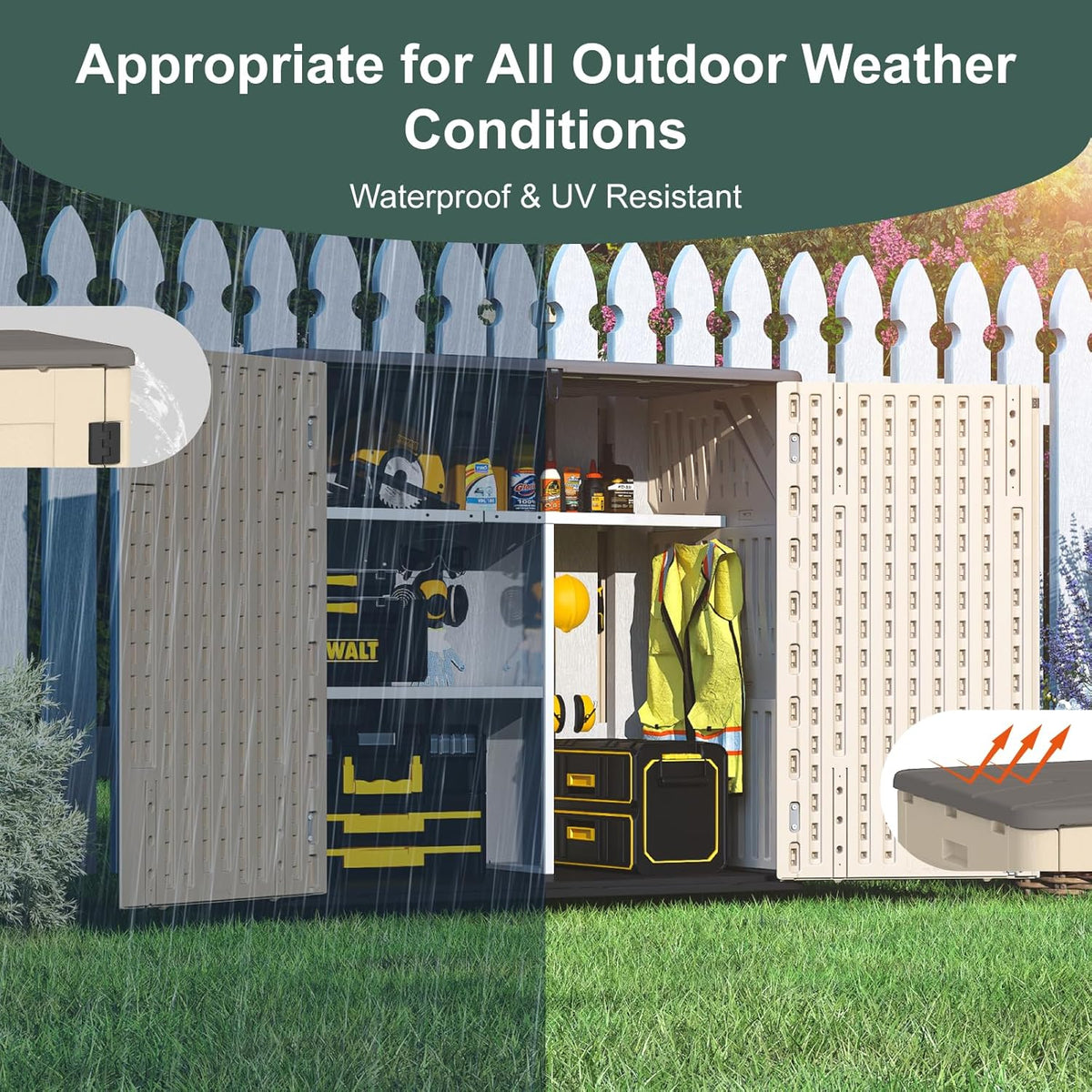 30 Cu.Ft Outdoor Storage Shed, Multi-Purpose Weather-Resistant Utility Shed for Garbage Cans, Lawn Mower, Garden Tools, Waterproof Resin Horizontal Cabinet with Pad-Lockable Doors (Khaki)