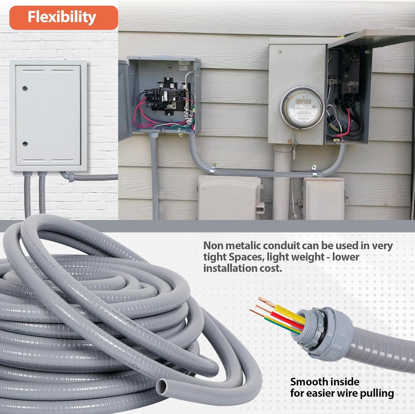 Liquid-Tight Conduit 3/4 150ft, Electrical Conduit w/UL Certification, Flexible Conduit with 5 Straight and 5 90-Degree Conduit Connector Fittings Gray
