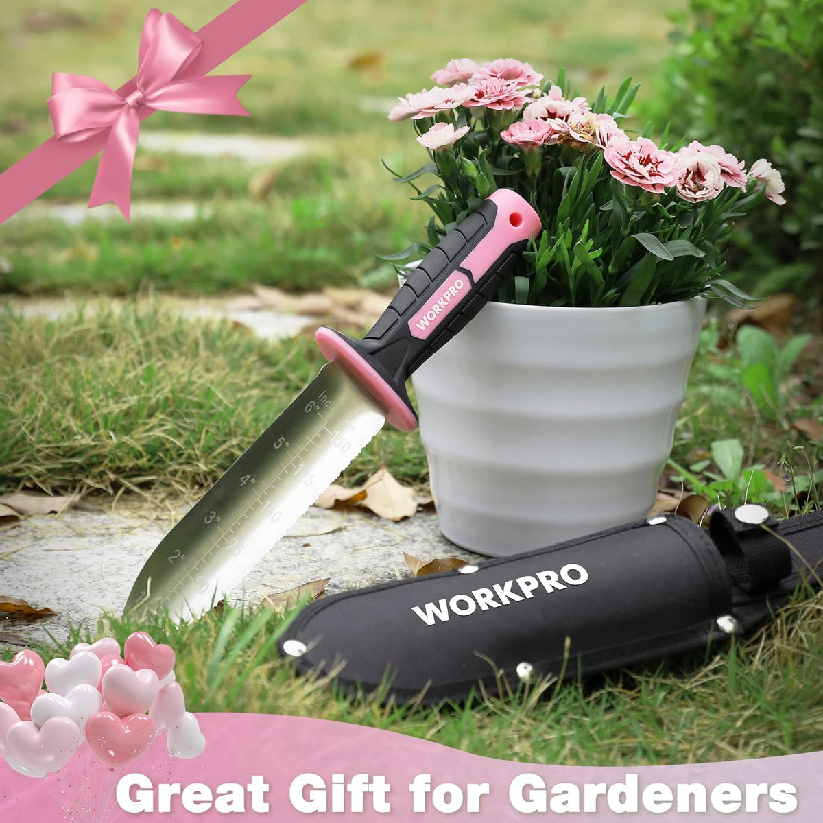 WORKPRO Hori Hori Garden Knife, 7" Stainless Steel Blade with Cutting Edge, Garden Tools with Oxford Sheath, Ergonomic TRP Handle with Hanging Hole for Weeding, Planting, Digging, Pink