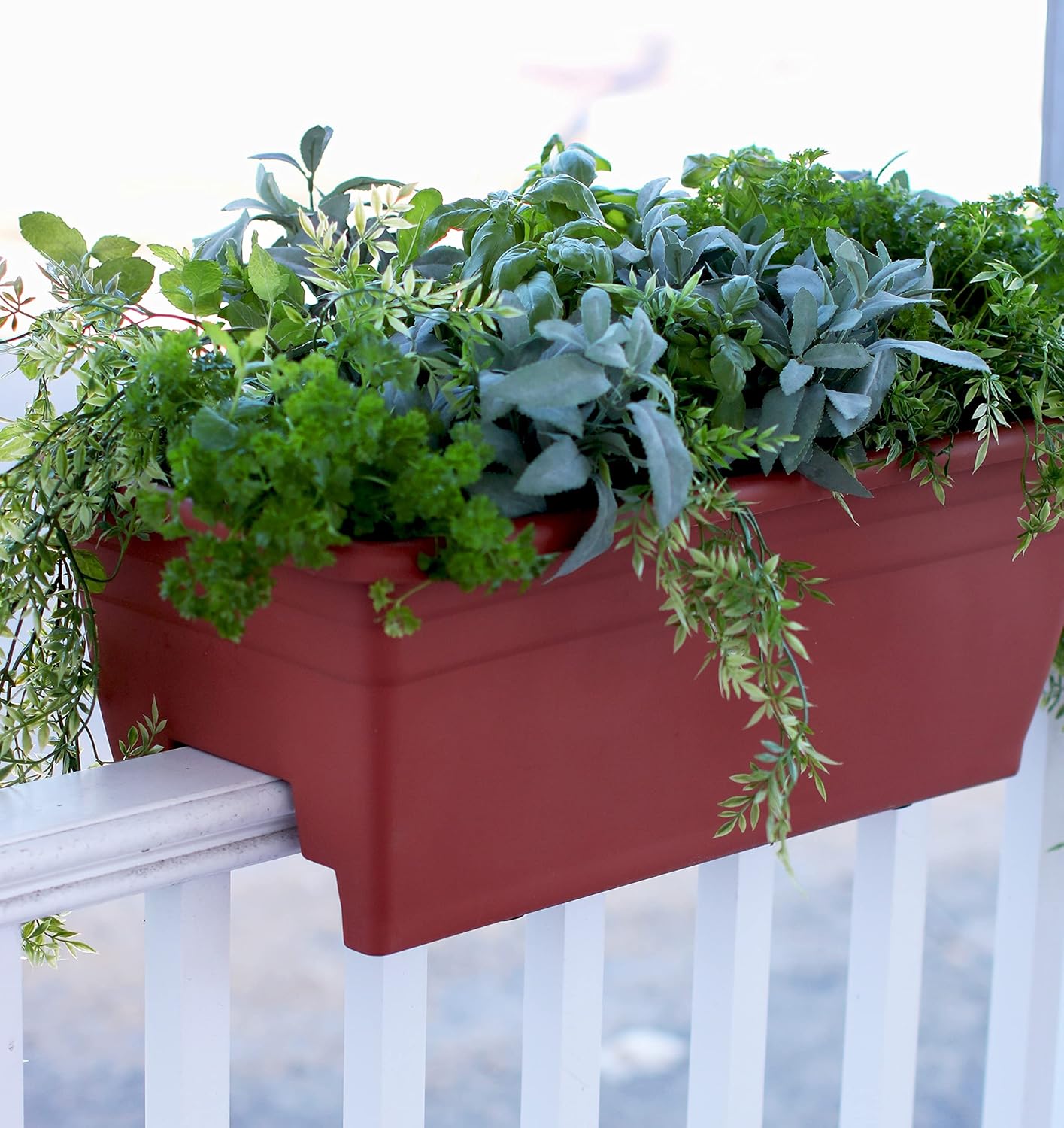 The HC Companies Deck Railing Planter Box w/Removable Drain Plugs - Lightweight & Weatherproof Plastic Flower Box - Balcony Planters for Railing and Fence (24”, Sandstone)