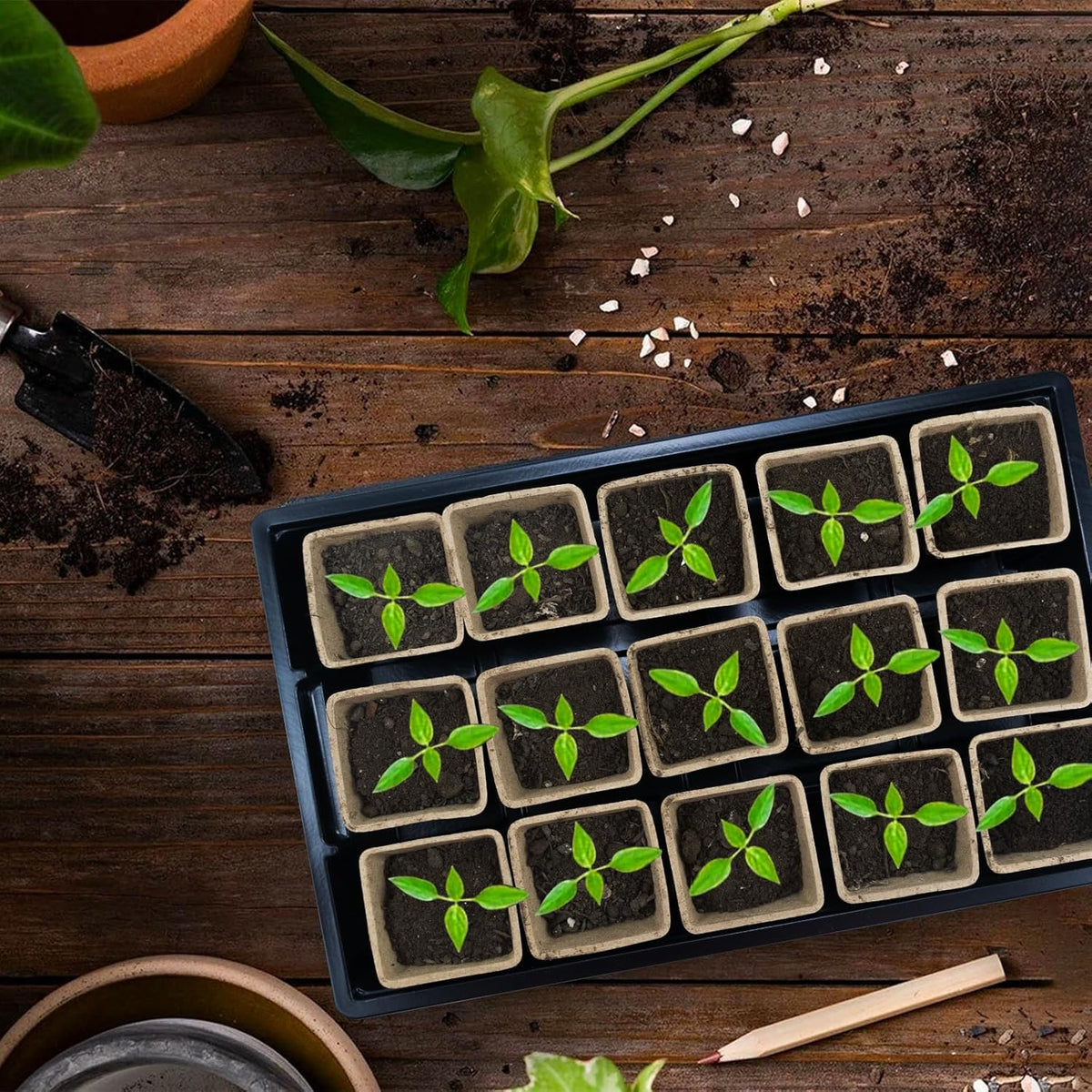 JOPY 4 Pack Seed Starter Tray Kit for Indoor Outdoor Garden Seeding Plastic Germination Trays with 120 Square Seed Peat Pots for Plant Growing