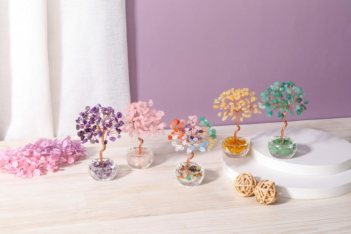 Jovivi Small Amethyst Crystals Tree, Natural Crystal Healing Stones Tree Glass Bowl Base Gemstone Money Trees Feng Shui Good Luck Home Desk Decor