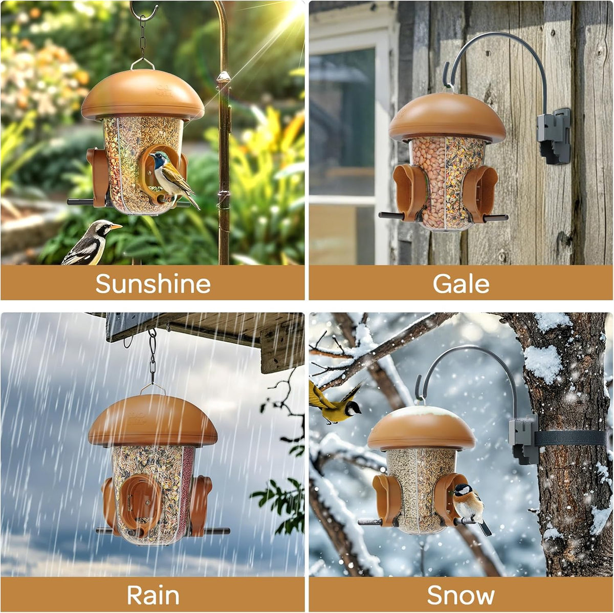 LONA Bird Feeders for Outdoors Hanging – 3 Separate Compartments, 3 Feeding Ports, Weatherproof Dome & 3 Ways to Hang, Large Capacity for Cardinals/Finches (Brown