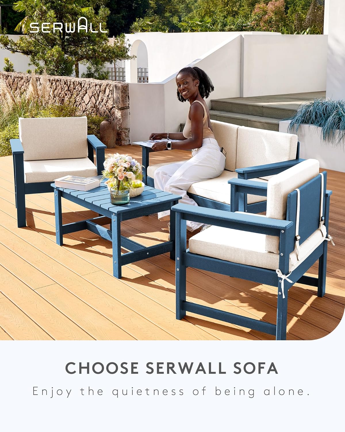 SERWALL 3 Pieces HDPE Outdoor Sofa Bistro Set with Cushion, Patio Outdoor Furniture Sofa Sets with Porch Chairs and Coffee Table, Blue Frame/Khaki Cushion