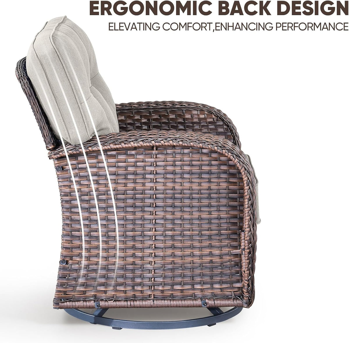 4-Piece Rotating Balcony Chair Set with 31-inch T-Shaped Wide backrest - Rattan Outdoor Rotating Balcony Chairs, Wide backrest Comfortable Outdoor Sliding Chair - Brown Rattan | Beige Cushions