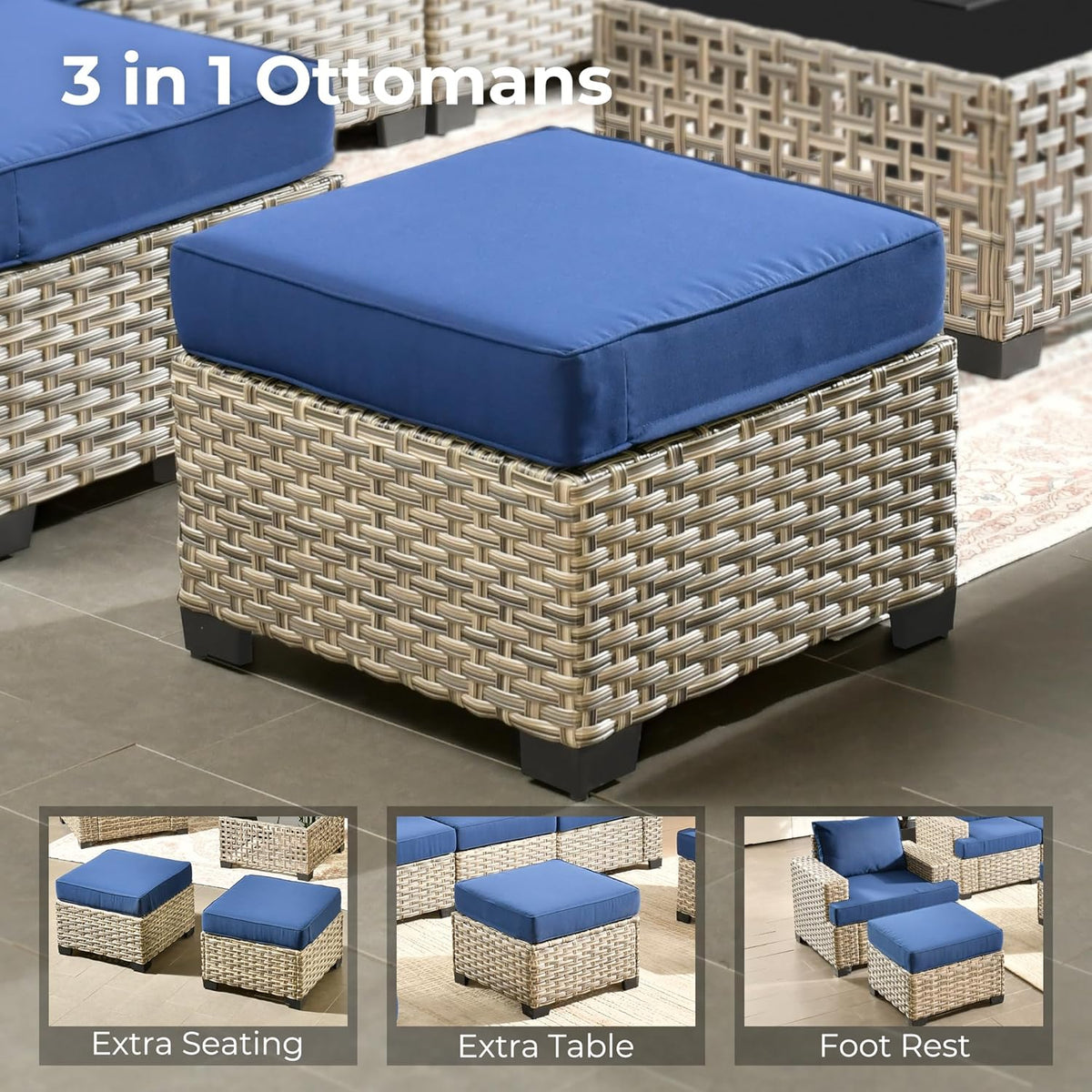 HOOOWOOO Outdoor Sectional Patio Furniture Set,7 Pieces Wicker Conversation Sets,Extra Deep Out Door Sofa Outside Furniture Couch with Ottoman,Navy Blue