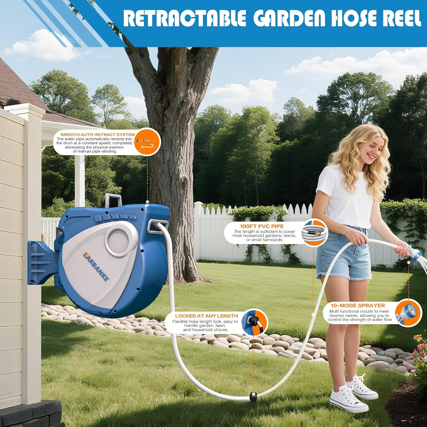 1/2 in × 100 ft Garden Hose Reel,Wall-Mounted Hose Reel with Bottom Drain,180° Rotating Bracket,with 10-Function Sprayer Nozzle,Lockable at Any Length,Equipped with Waterproof Bag(Blue)