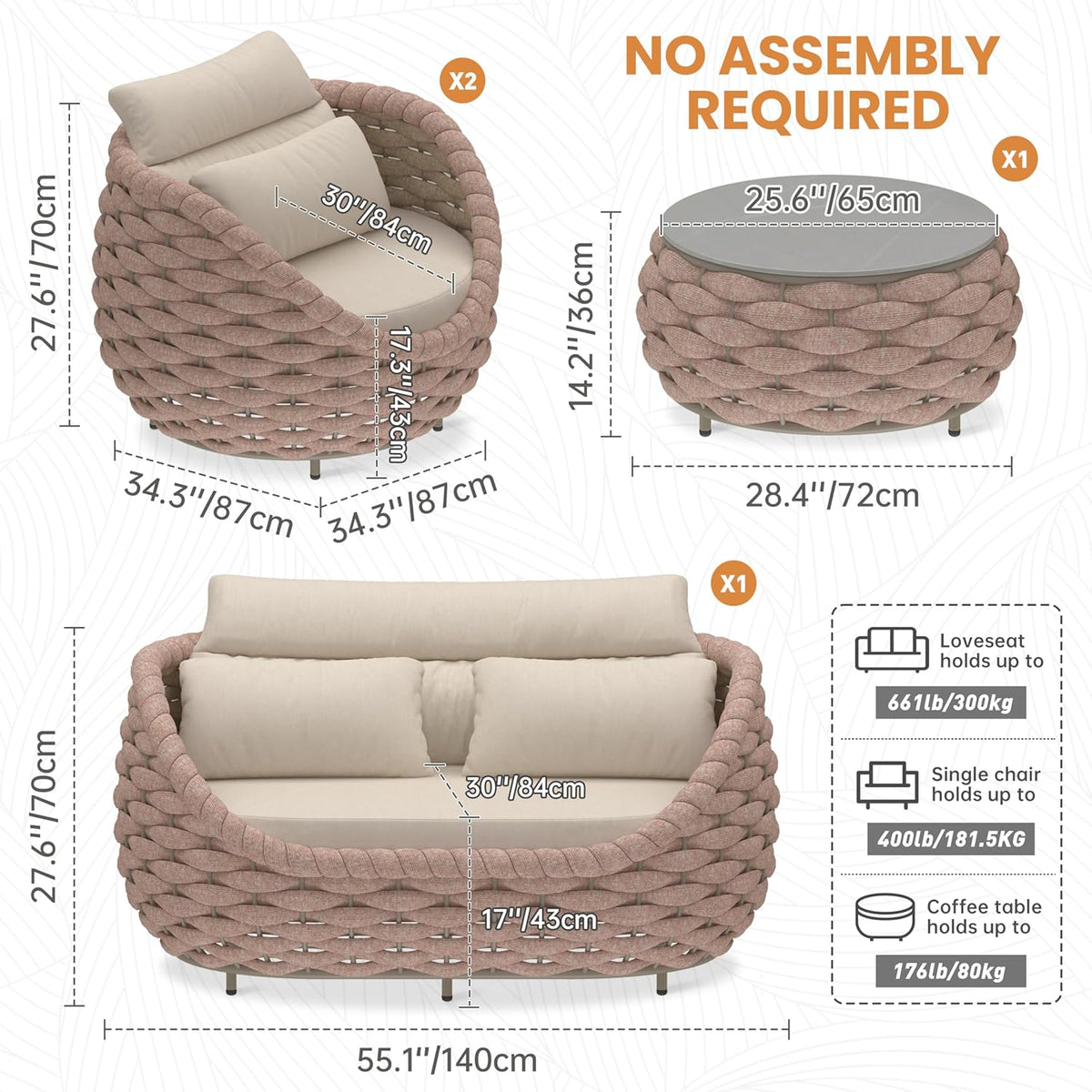 4 Piece Aluminum Patio Furniture: Hand Woven Rope Sofa - Modern Outdoor Sofa Seating with Cushion - All Weather Patio Set for Deck, Yard, Garden, Poolside, Hotel - Terracotta