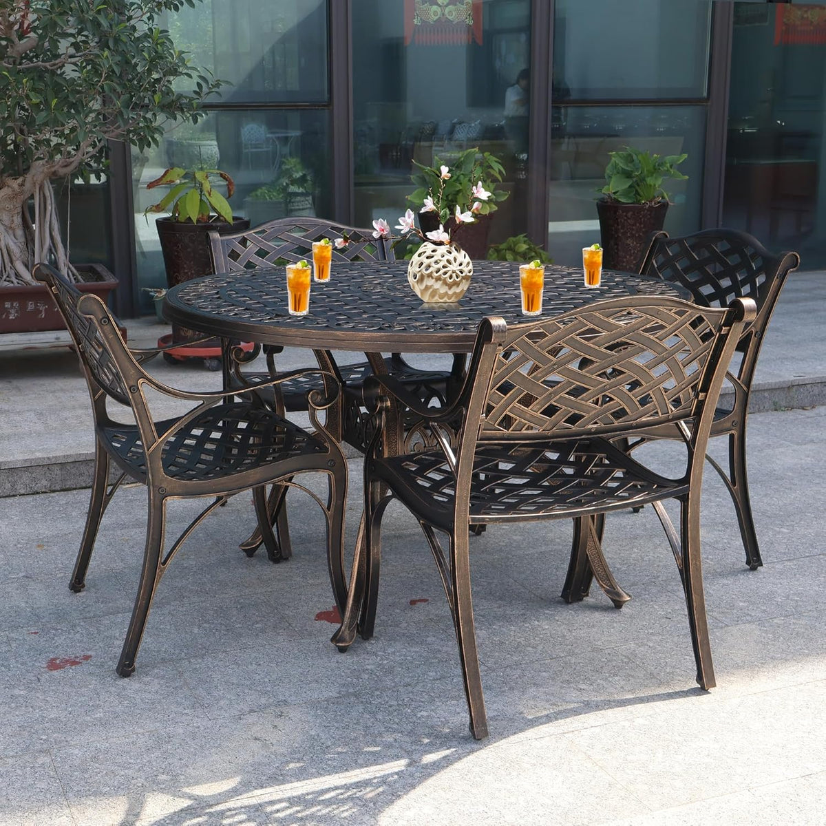 5 Piece Modern Outdoor Dining Set for 4, Bronze Aluminum Patio Table and Chairs, 48" Round Table with Umbrella Hole, Weather Resistant