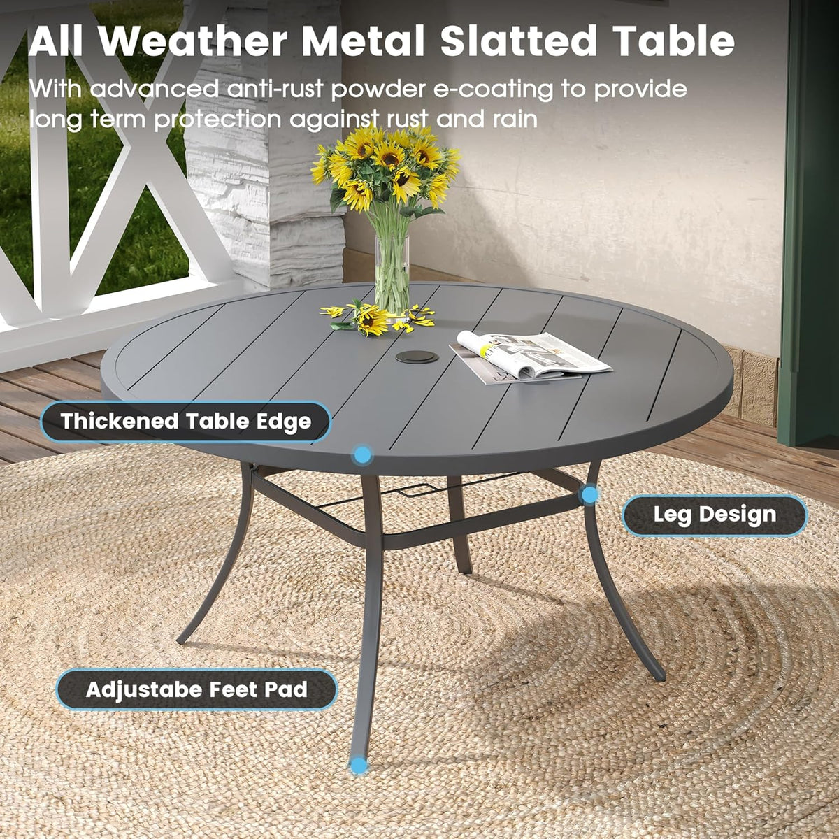 DIFY Patio Round Dining Table, 53" All Weather Round Outdoor Table with 1.57" Umbrella Hole for 8 Person, Perfect for Yard, Balcony and Lawn, Grey