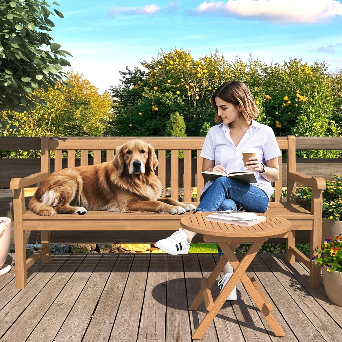 Teak Wood Outdoor Folding Side Table - Portable Round Patio Side Table with Metal Buckles & X-Frame,Patio End Table for Garden, Deck, Bistro, Beach,Porch