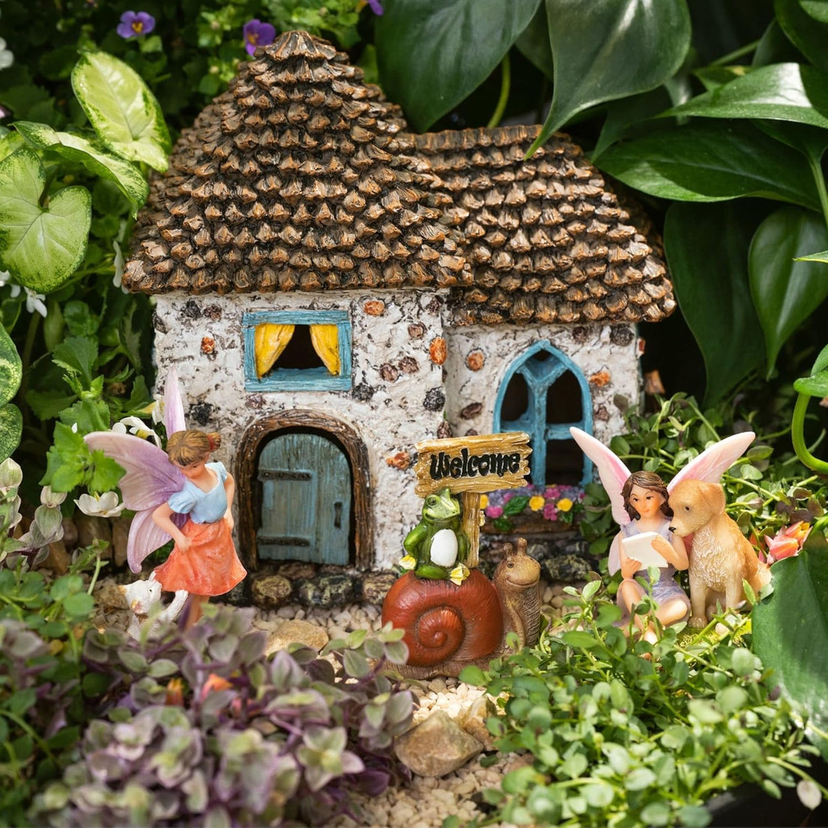 PRETMANNS Fairy House Kit - Fairy Garden Accessories for Outdoor Miniature Village Decor, with Fairies & Sign - House, 6.5' High & Door can Open Wide - 4 Piece Supplies