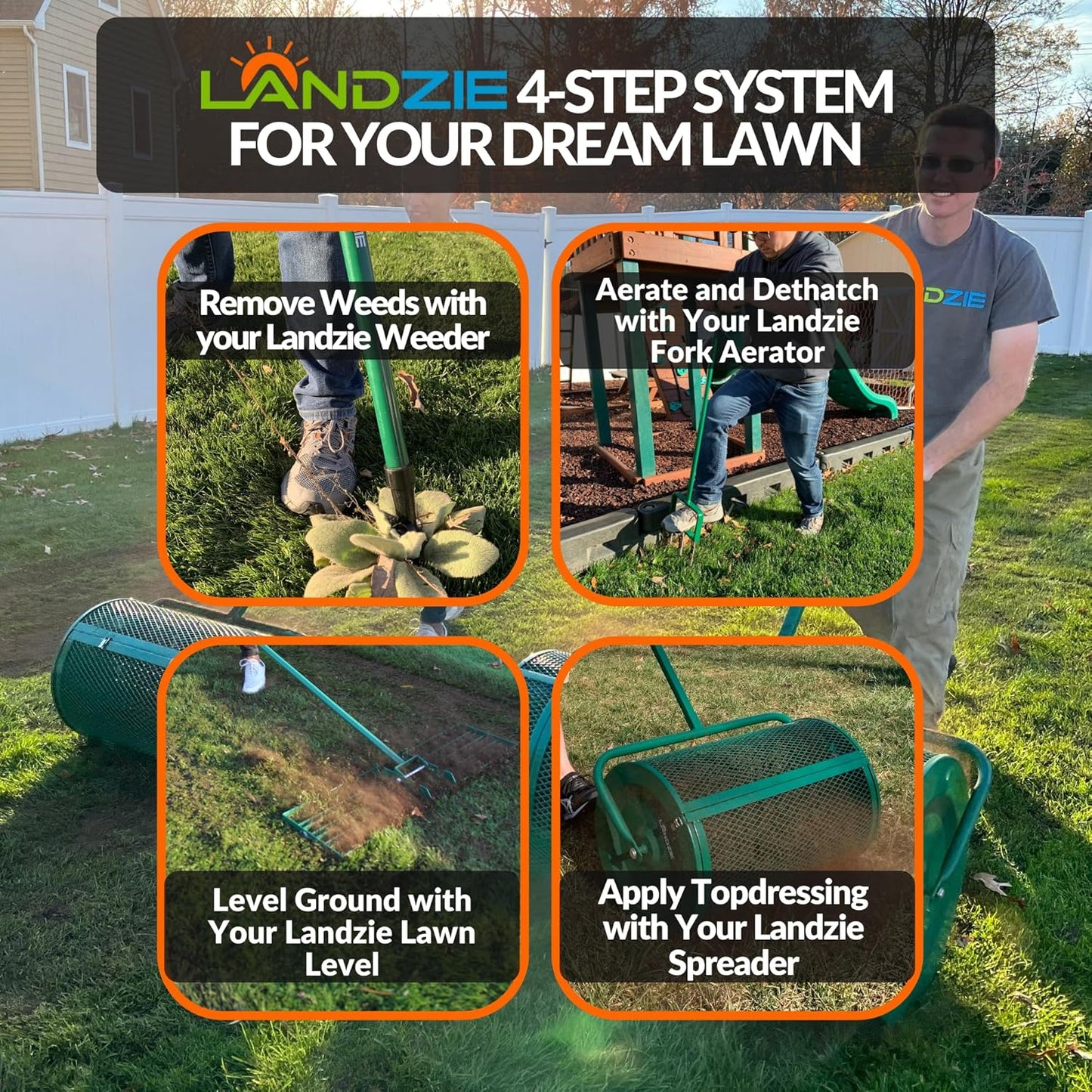 Landzie - The Original Spike Tine Fork Lawn Aerator - 42 Inch Manual Stainless Steel Gardening Hand Tool - Grass Dethatcher Aerator Lawn Tool with Solid Tines for Compacted Soil