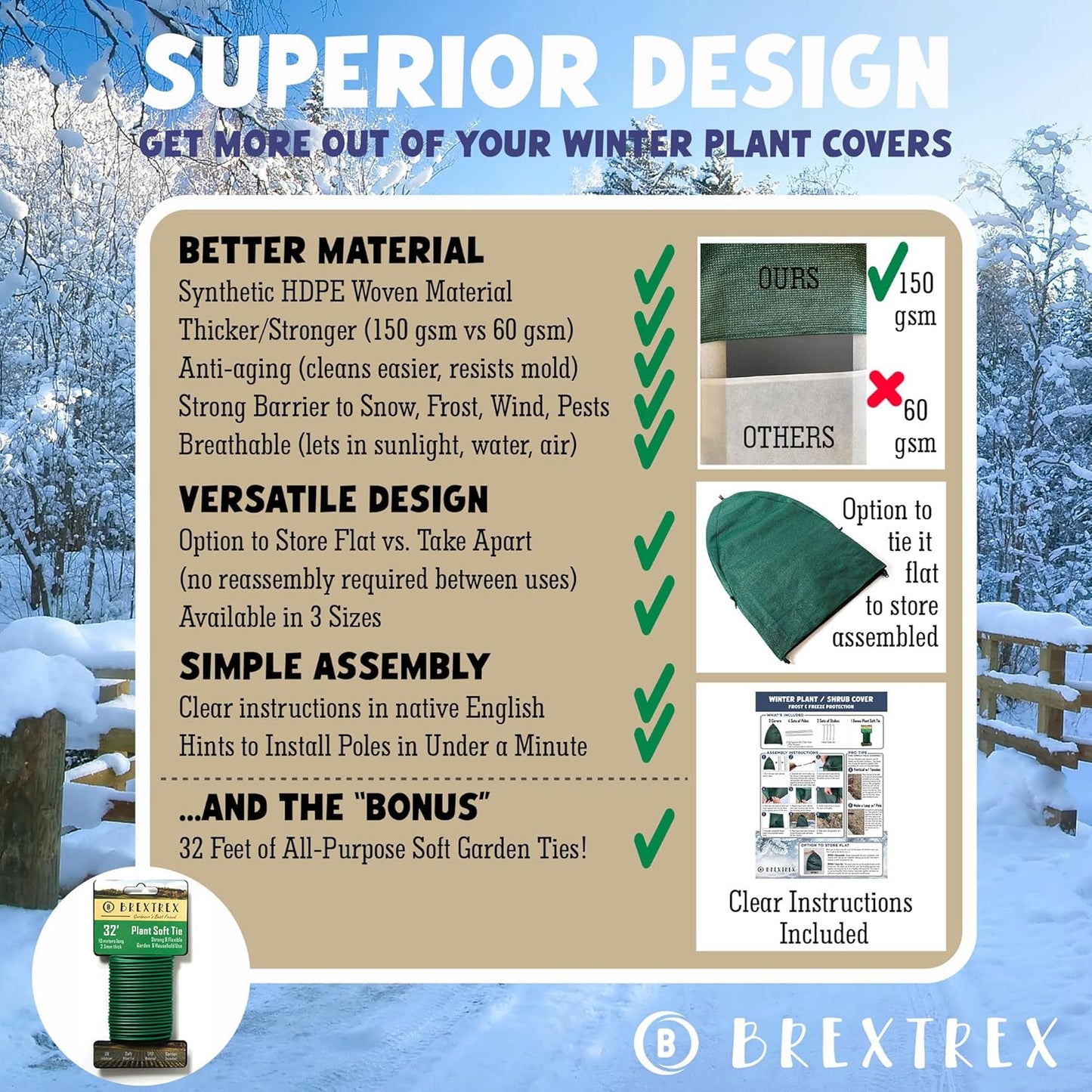 Winter Plant Cover Freeze Protection Tents 2 Pack-Protect Shrubs from Snow, Frost, Animals, Freezing Temperatures - Complete with Soft Garden Ties (36" x 36" x 40", 2 Pack, green with stakes)