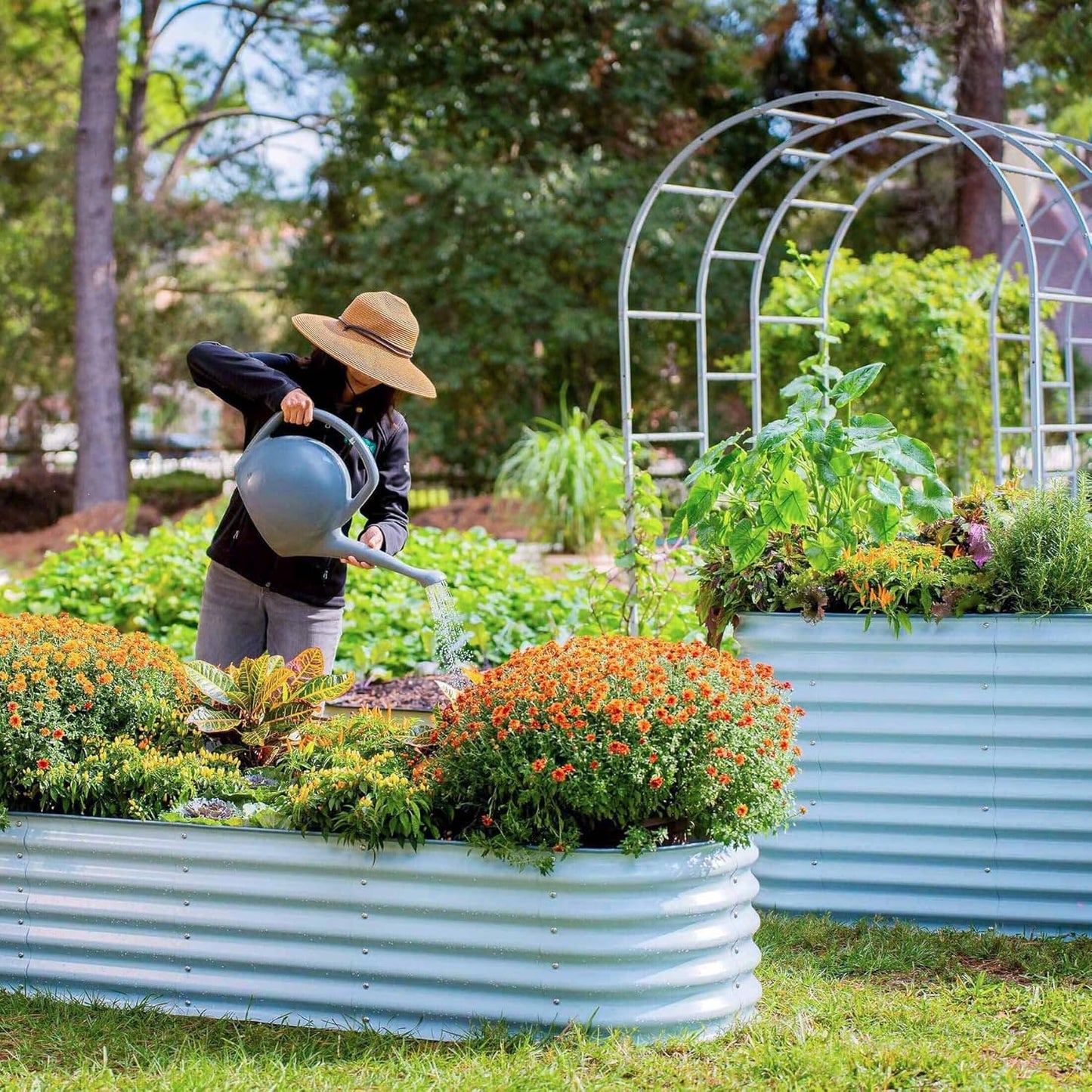 Vego garden 32" Extra Tall Raised Garden Bed Kits, 6 in 1 Modular Raised Planter Box for Vegetables Flowers Fruits Oval Metal Raised Garden, Sky Blue