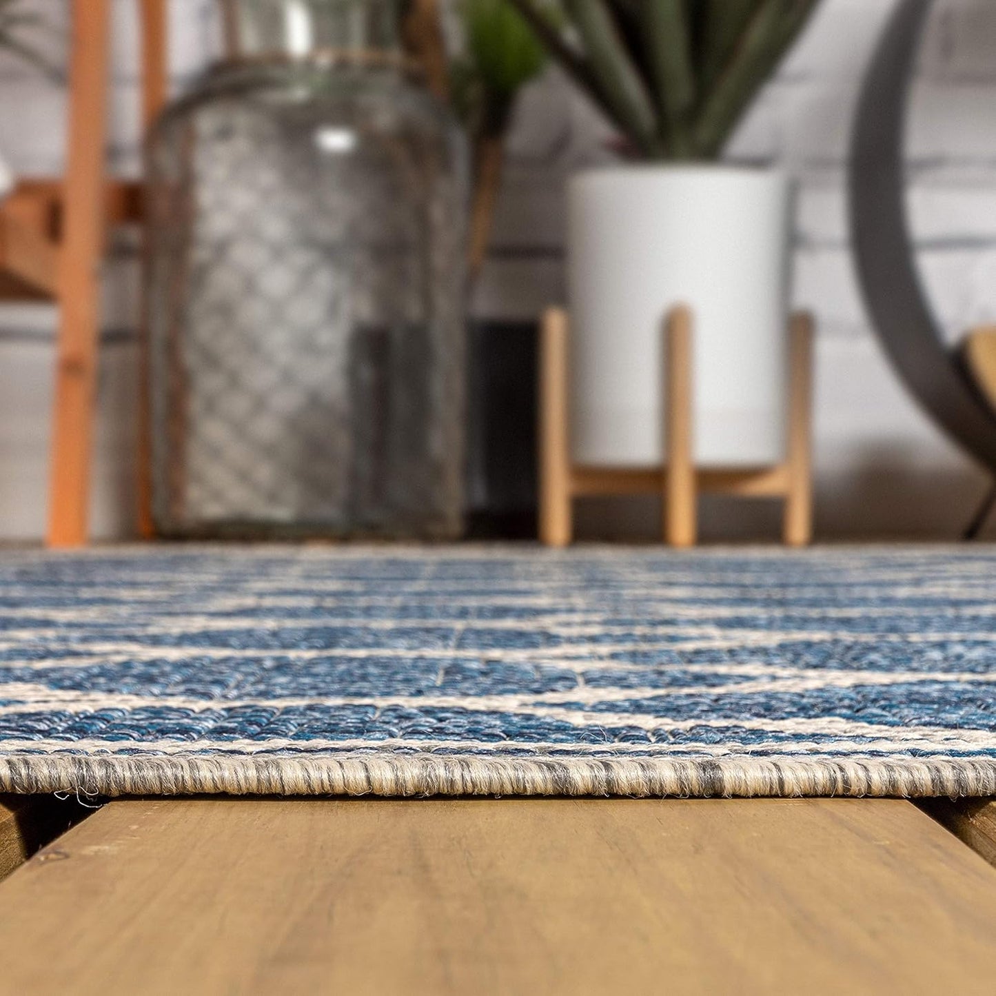 Eyely BMS109D-3R Santa Monica Trebol Moroccan Trellis Textured Weave, Pet Friendly, Non-Shedding, Stain Resistant, Easy-Cleaning, Navy/Gray, 3' Round, Indoor/Outdoor, Area Rug