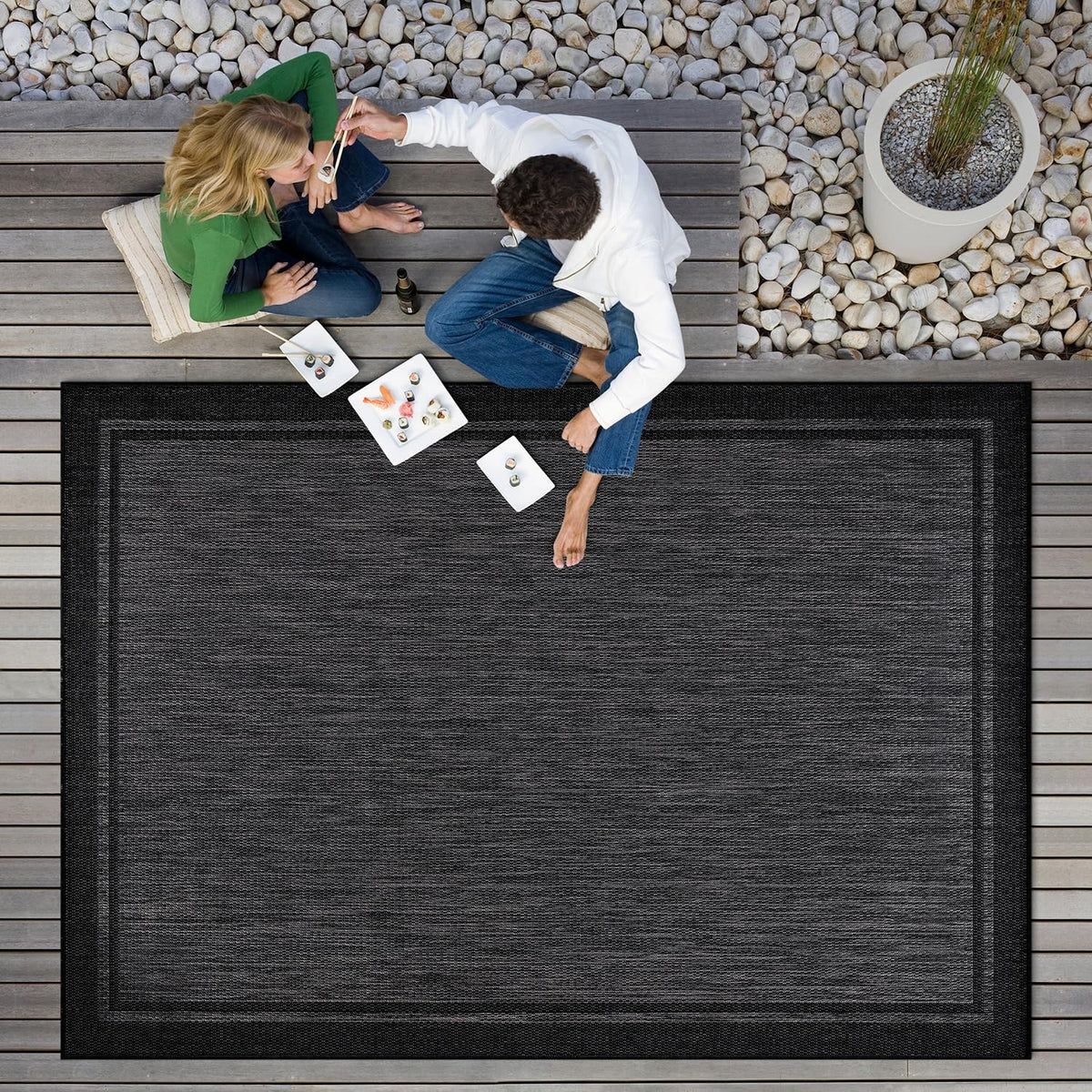 CAMILSON Indoor Outdoor Rug, 9x12 Bordered Dark Grey Black Modern Large Area Rugs for Indoor and Outdoor Patios, Kitchen and Hallway Mats, Washable Porch Deck Outside Carpet (Bordered Black, 9 x 12)