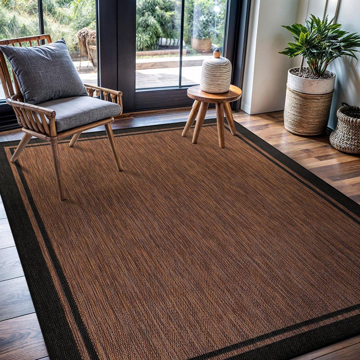 CAMILSON Indoor Outdoor Rug, 10x14 Bordered Nut Brown Black Modern Area Rugs for Indoor and Outdoor Patios, Kitchen and Hallway Mats, Washable Porch Deck Outside Carpet (Border Nut Brown Black 10 x14)