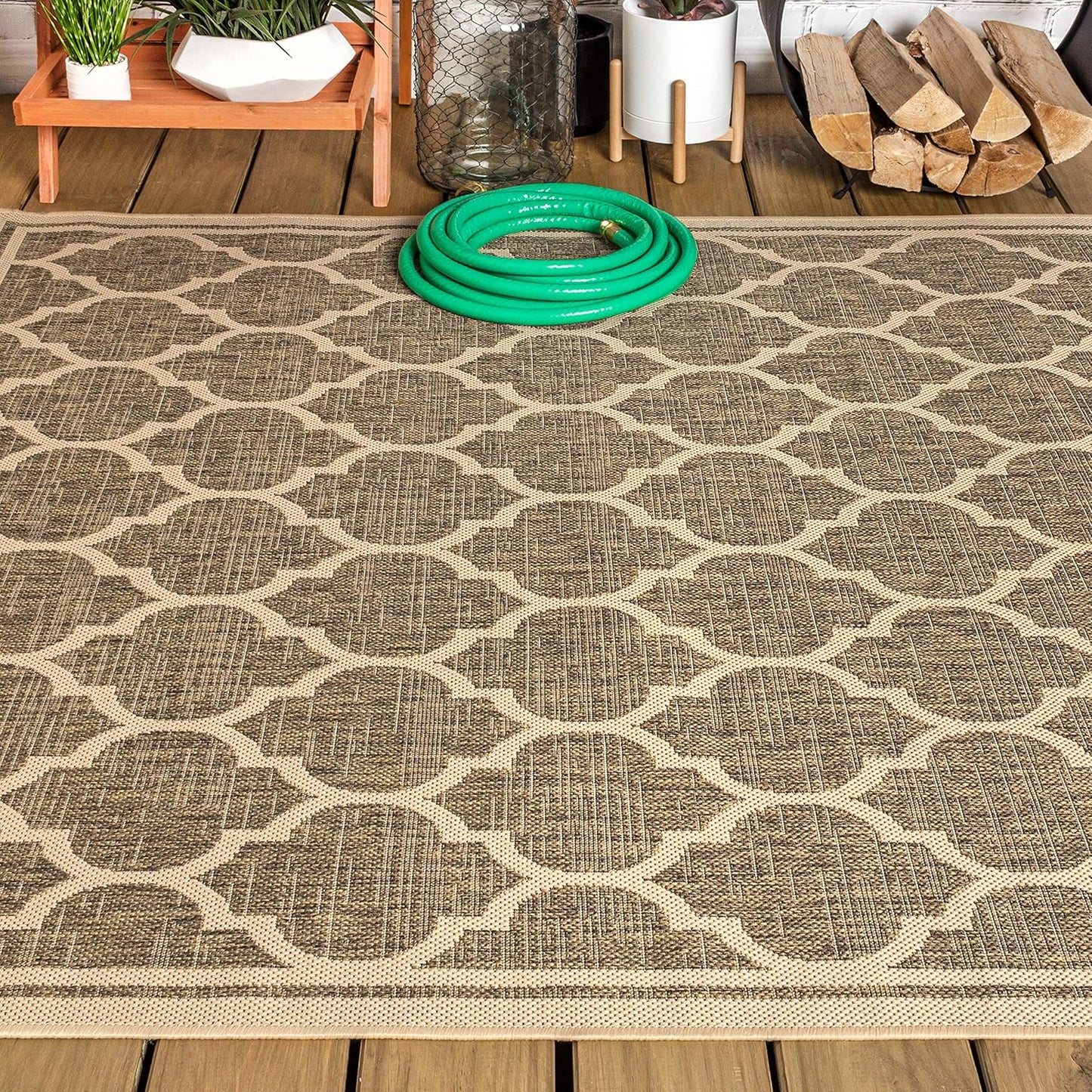 Eyely BMS109A-3 Santa Monica Trebol Moroccan Trellis Textured Weave Indoor/Outdoor Area Rug Coastal;Bohemian, Bedroom, Backyard, Patio, Easy-Cleaning, Non-Shedding, 3 X 5, Brown/Beige