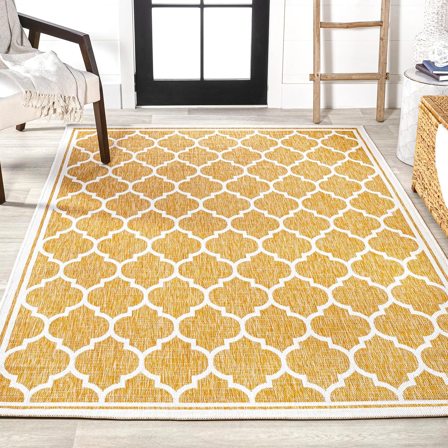 Eyely BMS109F-8 Santa Monica Trebol Moroccan Trellis Textured Weave Indoor/Outdoor Area Rug Coastal;Bohemian, Bedroom, Backyard, Patio, Easy-Cleaning, Non-Shedding, 8 X 10, Yellow/Cream