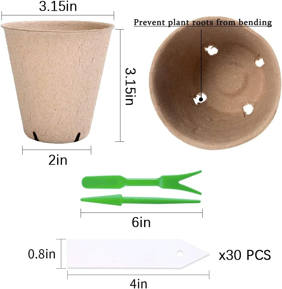 108pcs Peat Pots for Seedling 3.15" Biodegradable Plant Nursery Pots Seed Starting Pots with Drainage Holes, 30 Plant Labels, 2 Transplant Tools