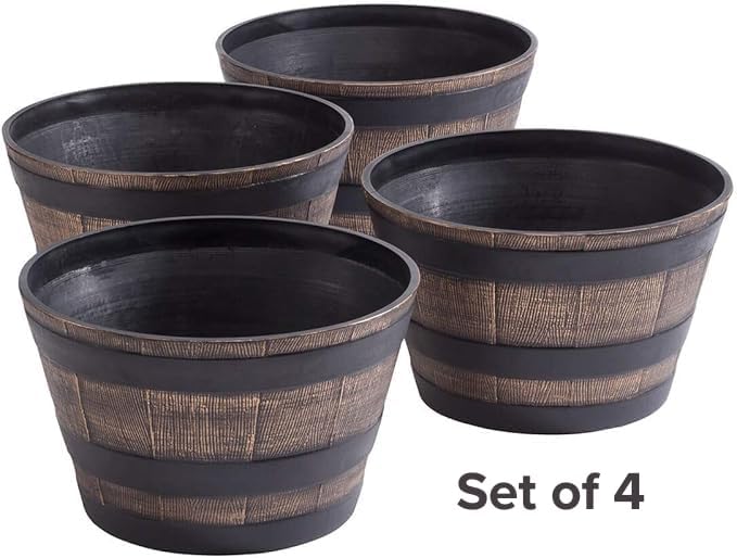 Fox Valley Traders Wood-Look Barrel Planters, Lightweight Durable Plastic, Outdoor Décor, Rustic – Measures 8” High x 13” Diameter
