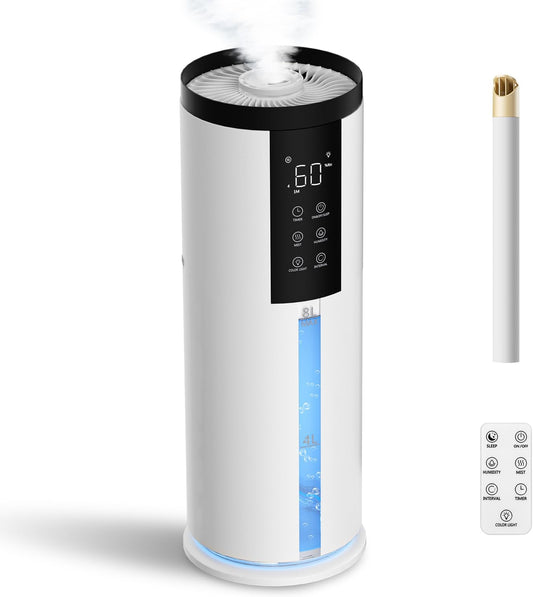 Humidifiers for Bedroom - GloryAir 2.11Gal (8L) Quiet Top Fill Cool Mist Humidifier Large Room 550 ft² 120H Runtime with Humidistat, Auto Mode Diffuser 7-Color Light for Plants Baby Adults Office Home