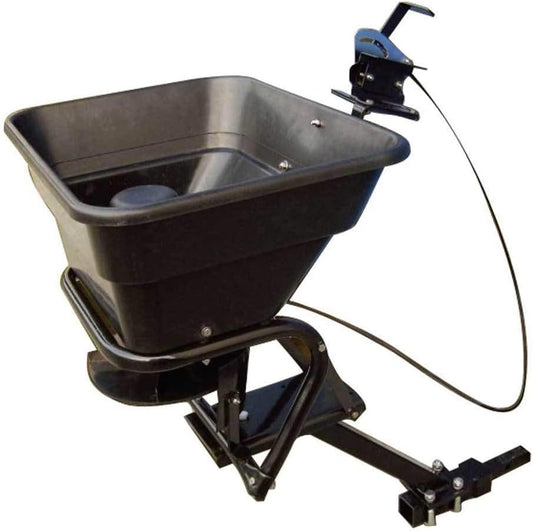 Field Tuff 12V 80 Pound Capacity Grass Seed Fertilizer Spreader with Hitch Mount Receiver and Rain Protector for ATV, UTV, or Utility Tractor