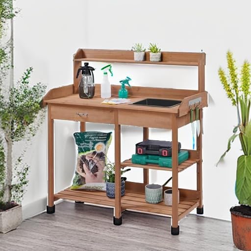 Yaheetech Potting Bench Outdoor Garden Work Bench Station Planting Solid Wood Construction for Horticulture w/Sink Drawer Rack Shelves Brown