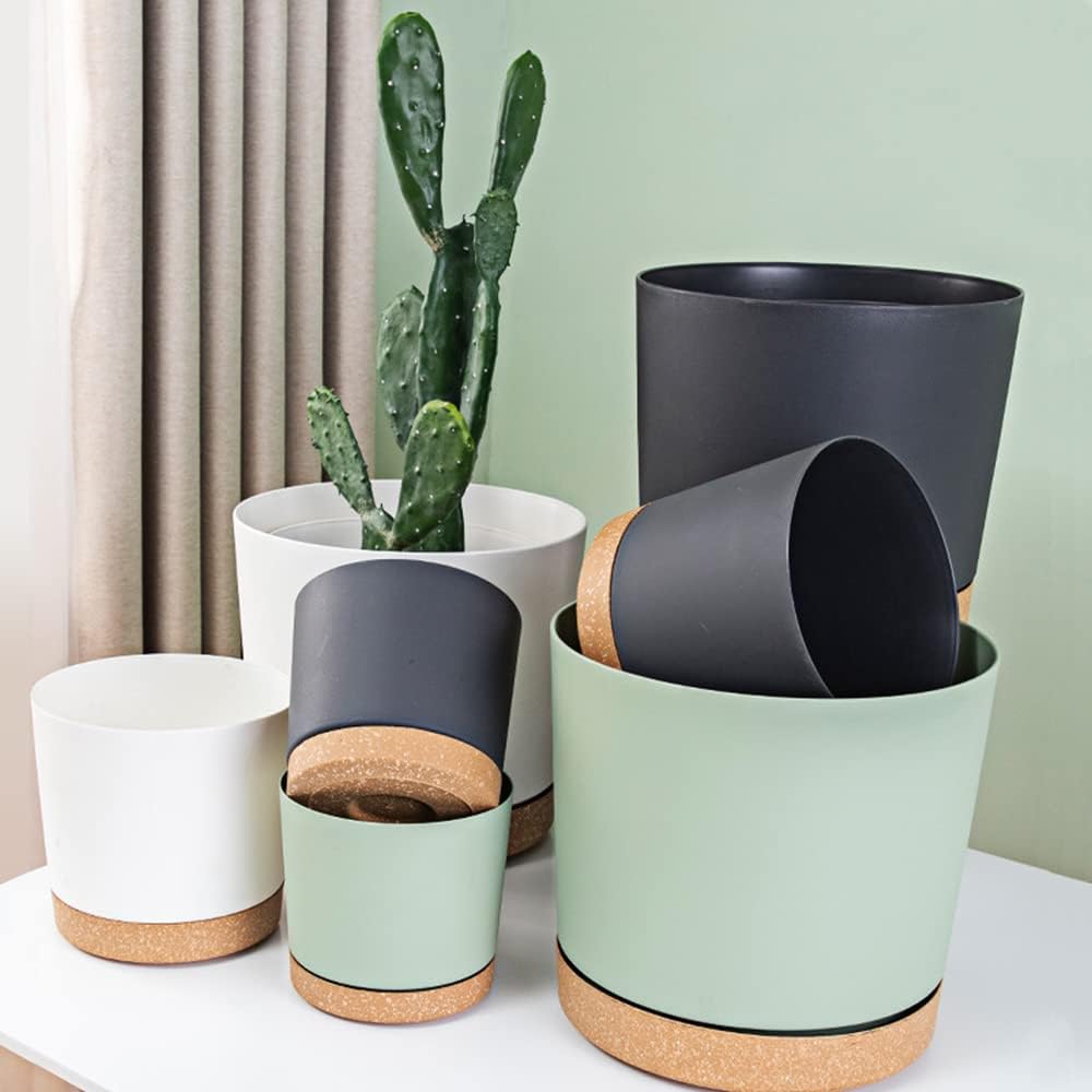 ZMTECH Plant Pots, Set of 3 8'' Self Watering Plastic Planter with Drainage Hole and Saucer, Modern Decorative Flower Pot for Indoor Outdoor House Plants, Succulents, Flowers - White