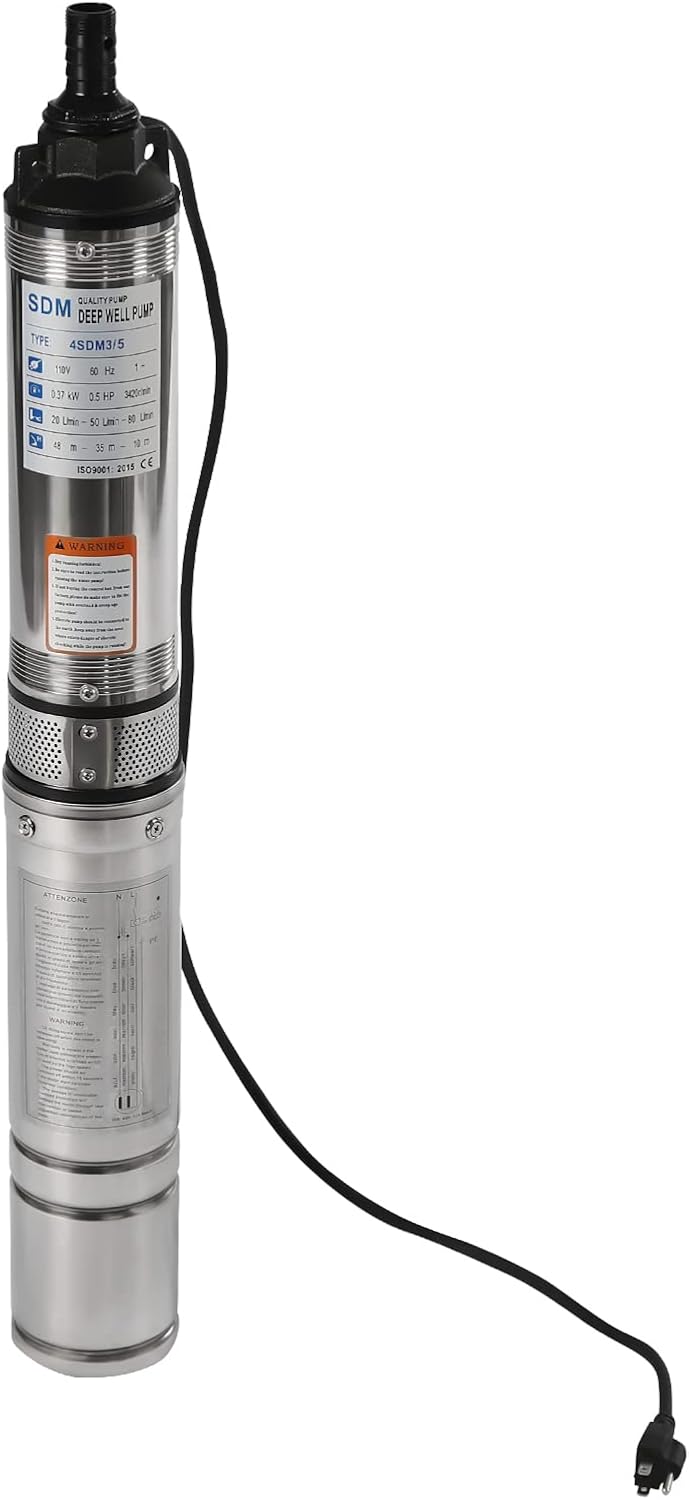 Deep Well Submersible Pump 110V 370W Electric Solar Powered Water Pump, 16 GPM Flow, 157ft Lift, Farm Ranch Irrigation Submersible Bore Hole Deep Well Pump 3420 RPM