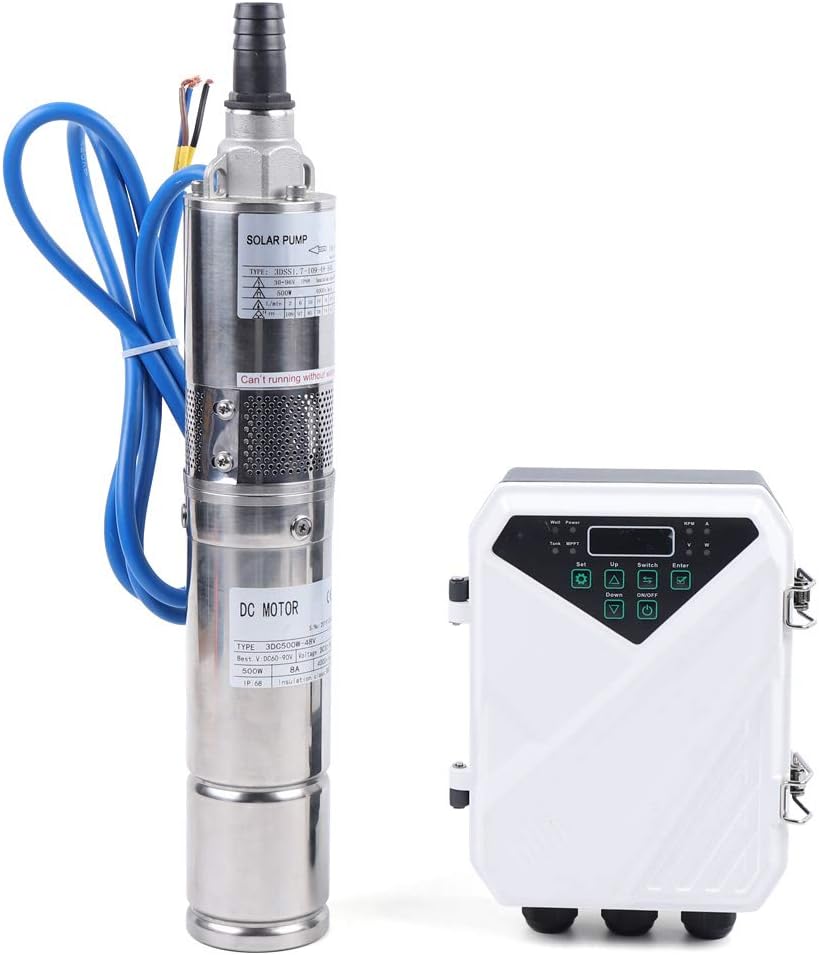 Solar Water Pump, 48V 500W 3In DC Submersible Pump Stainless Steel Deep Well Pump Irrigation Kits with MTTP Controller Float Switch for Home Industry, Garden Irrigation, Farm Ponds