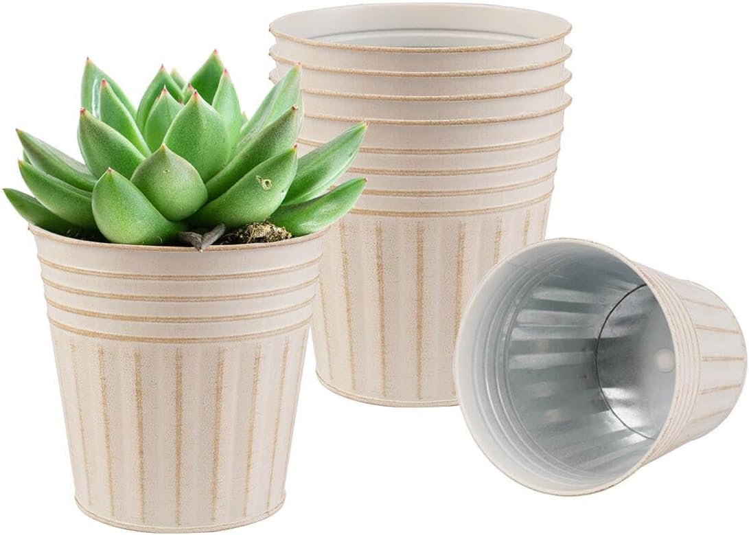 vensovo 4 Inch Beige Metal Rustic Flower Pots - 6Pcs Small Galvanized Planters with Drainage Hole and Rubber Plug, Rustproof Metal Bucket Plant Pots Farmhouse Vintage Style for Decor
