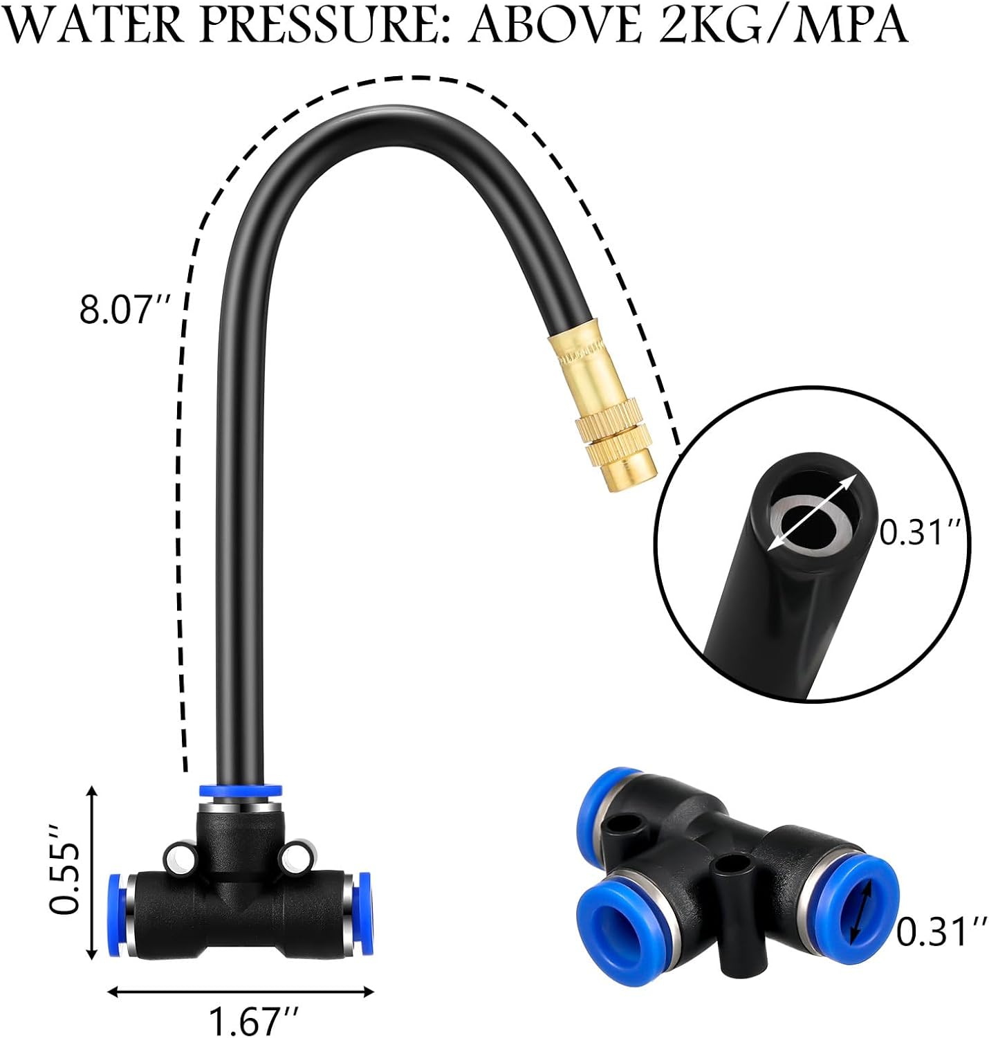 Zonon 10 Pcs Brass Misting Nozzles Tee with 8 Inch Built in Hose 360 Degree Rotation Adjustable Water Mister Nozzles Thread Sprayer 0.043" Misting Parts and Accessories for Patio Outdoor Cooling