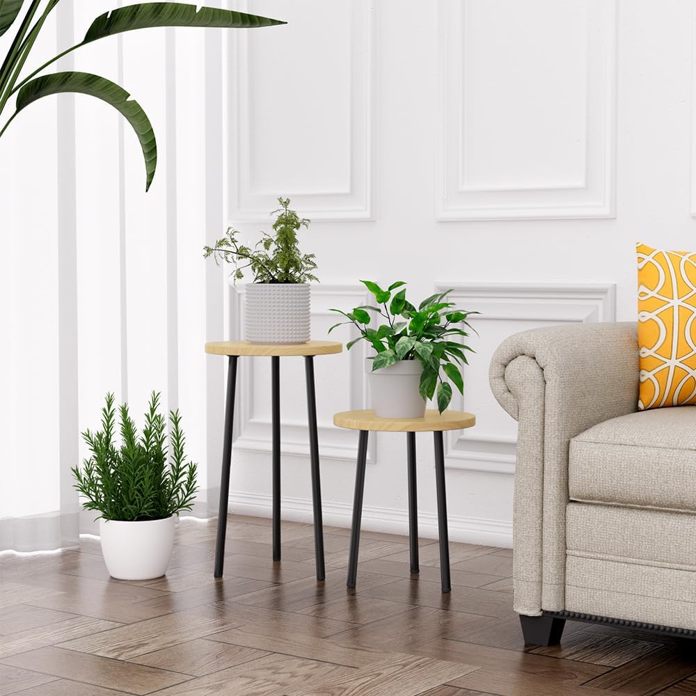 Plant Stand Indoor Tall: Corner Wood Plant Stand 2 Pack Mid Century Modern Decor - Small Round Plant Table for Indoor Plants - Outdoor Plant Holder for Patio Living Room Bathroom Office (Burlywood)