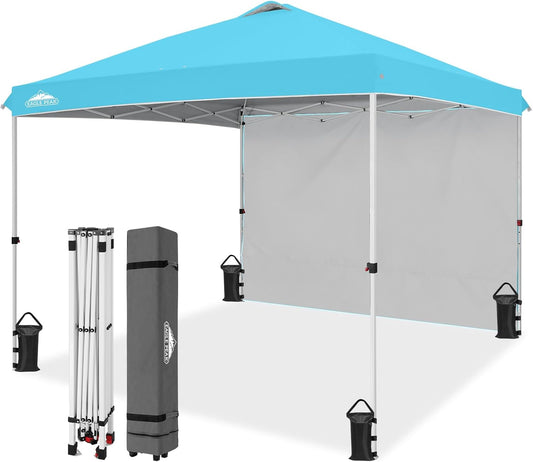 EAGLE PEAK Pop Up Canopy Tent with 1 Sidewall, Easy Setup Event Tent, Outdoor Sun Shade, Wheeled Carry Bag, Stakes and Guy Ropes, Instant Canopy 10x10, Light Blue