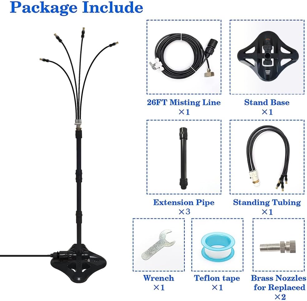 UR Forest Updated Standing Misting Cooling System 26FT Misting Line + 4 Brass Misting Nozzles,4 Height Option, Stand Mister Hose for Outside Outdoor Patio, Pet Cooling, Kids Water Playing